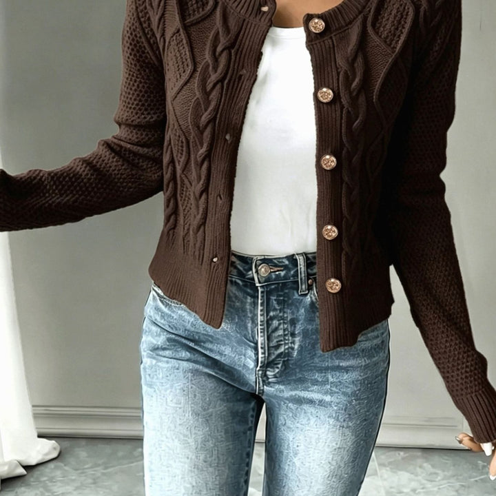 Women's Cable-Knit Button-Front Cropped Cardigan Sweater - Coffee Brown