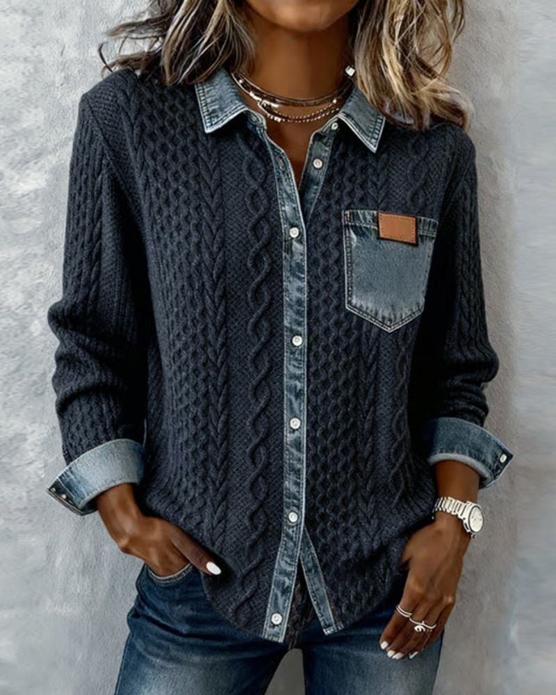 Women's Cable-Knit Denim Patchwork Button-Down Shirt - Dark Blue