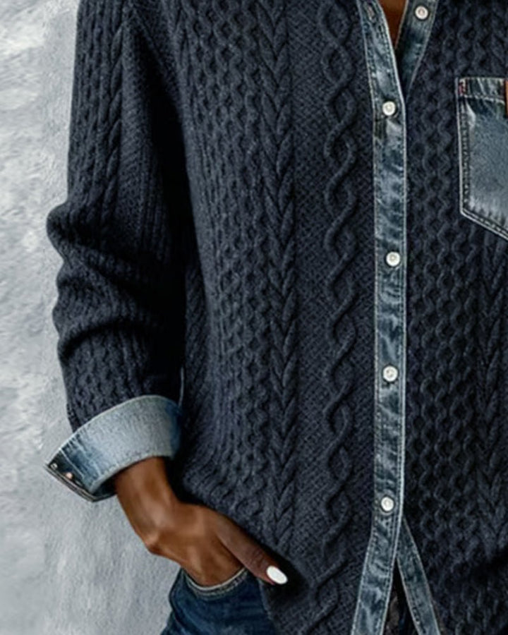 Women's Cable-Knit Denim Patchwork Button-Down Shirt