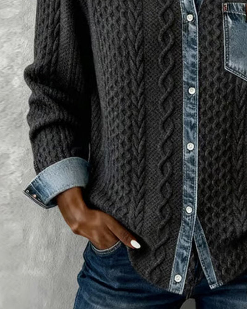 Women's Cable-Knit Denim Patchwork Button-Down Shirt