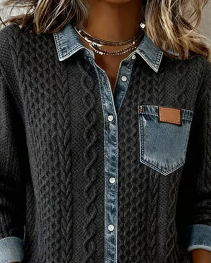 Women's Cable-Knit Denim Patchwork Button-Down Shirt