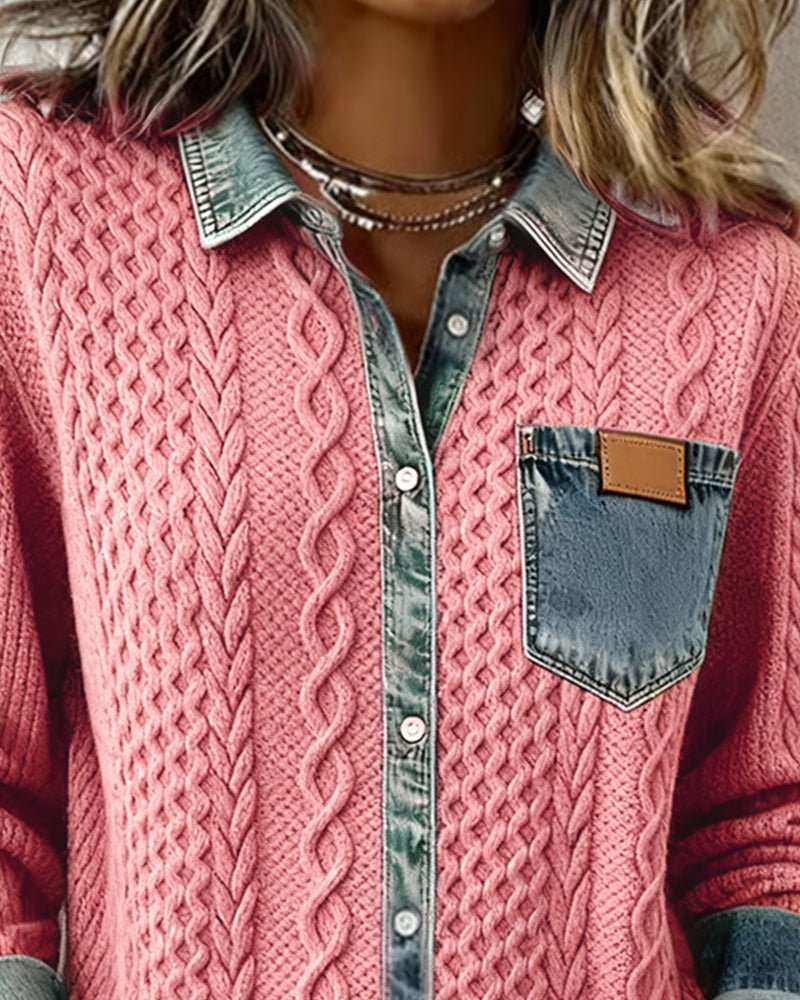 Women's Cable-Knit Denim Patchwork Button-Down Shirt