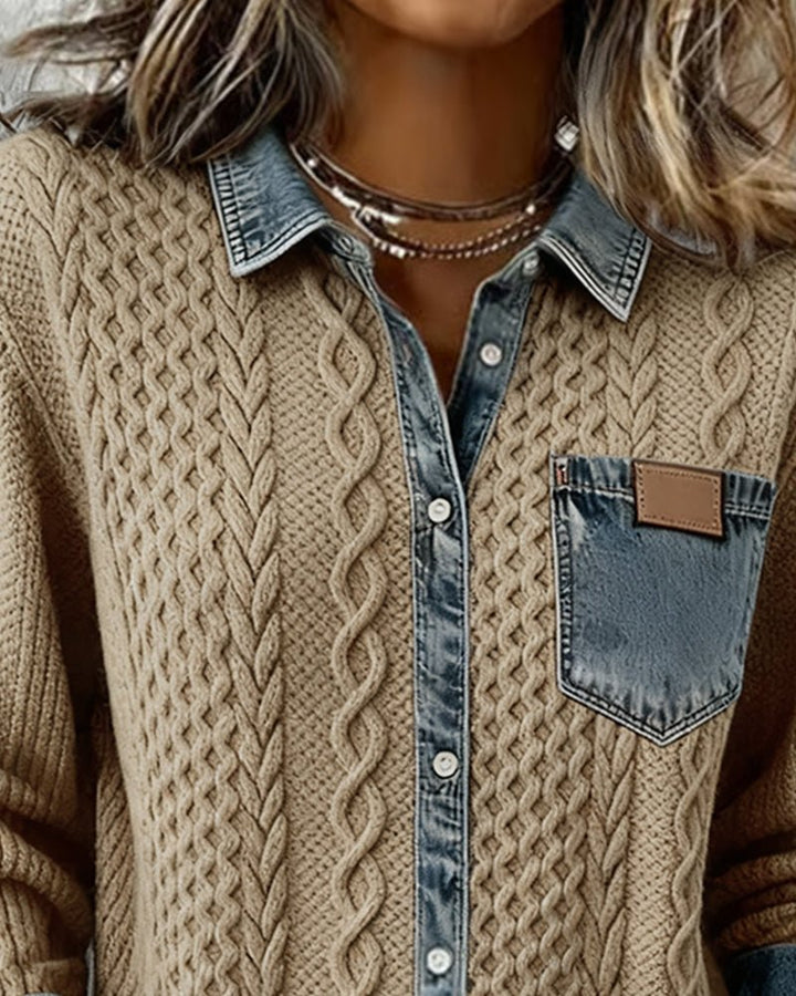 Women's Cable-Knit Denim Patchwork Button-Down Shirt