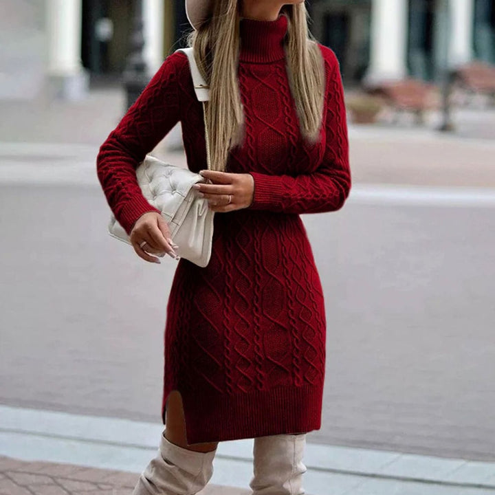 Women's Cable-Knit Long Sleeve Turtleneck Dress - Burgundy