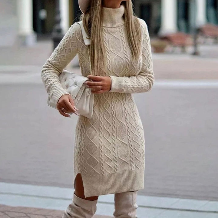 Women's Cable-Knit Long Sleeve Turtleneck Dress - Beige