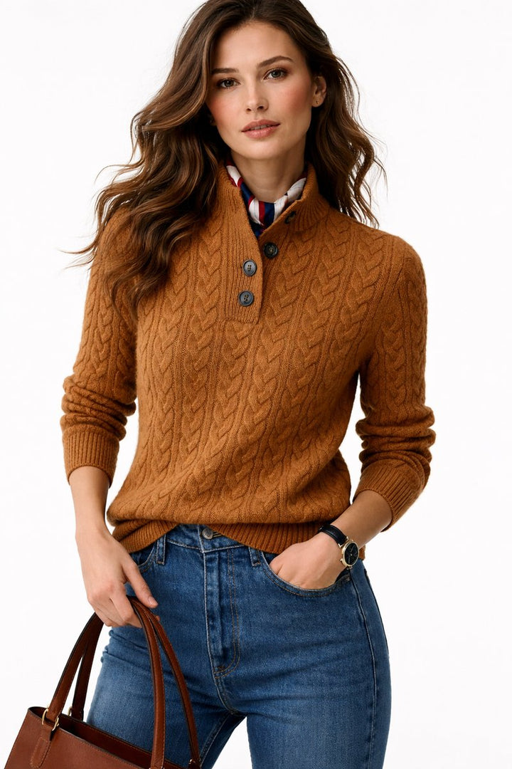 Women's Cable Knit Mock Neck Button-Up Wool Blend Sweater - Brown