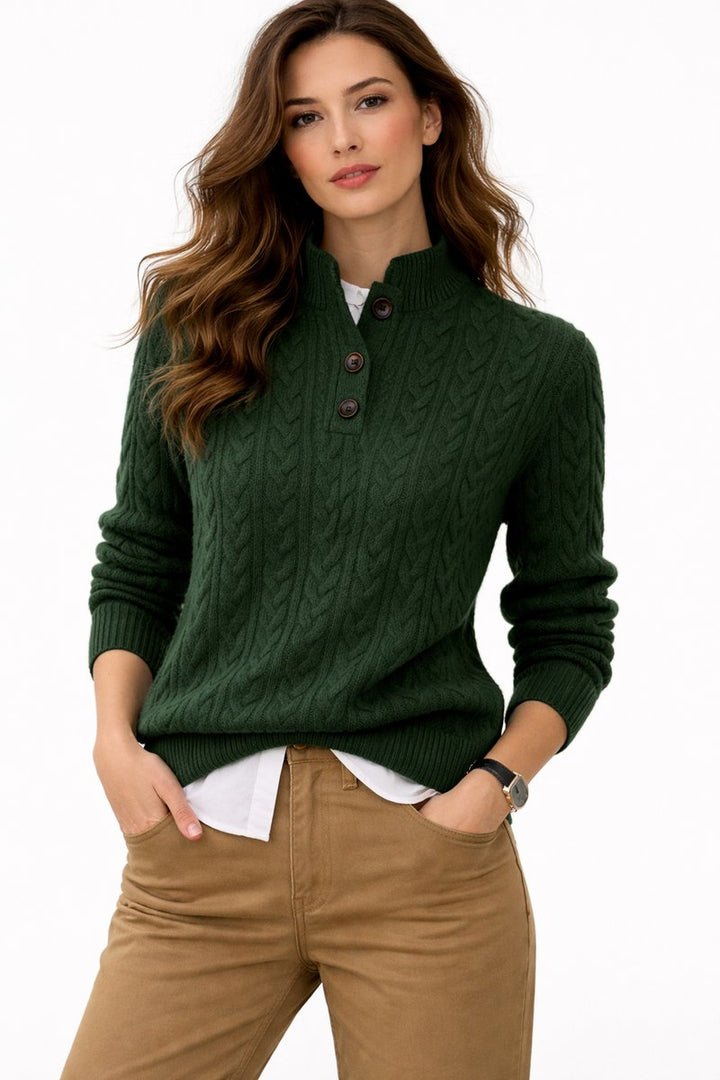 Women's Cable Knit Mock Neck Button-Up Wool Blend Sweater - Green