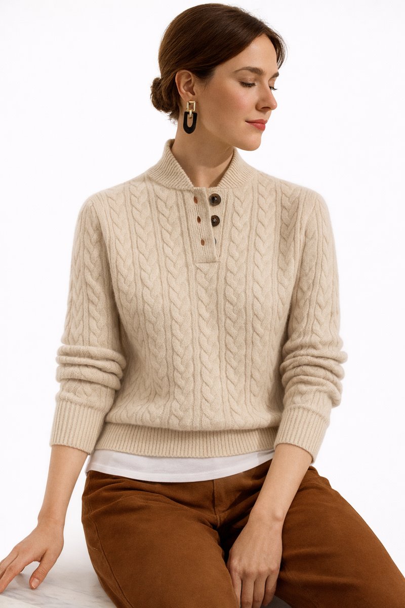 Women's Cable Knit Mock Neck Button-Up Wool Blend Sweater - Khaki