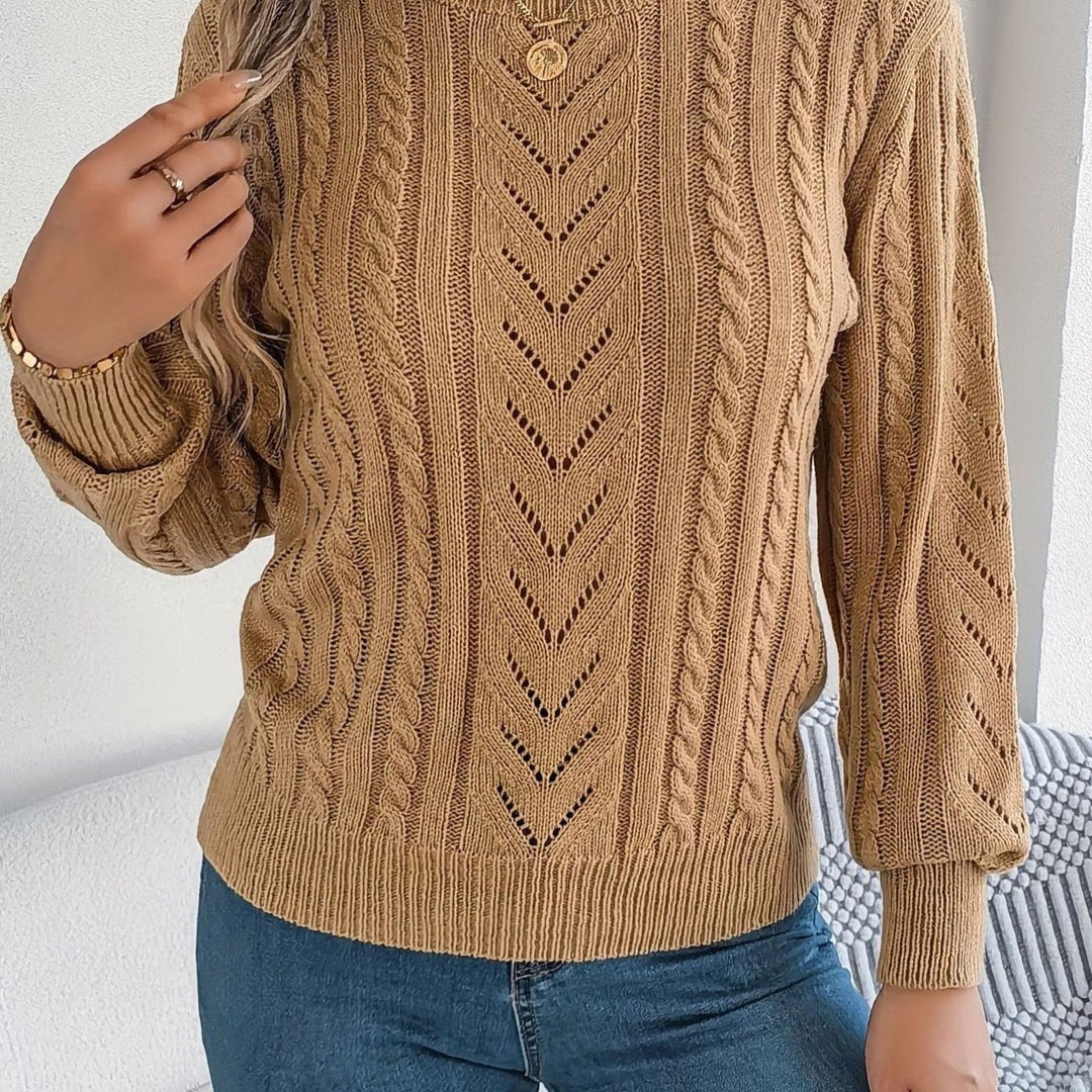 Women's Cable-Knit Openwork Crew-Neck Pullover Sweater - Khaki