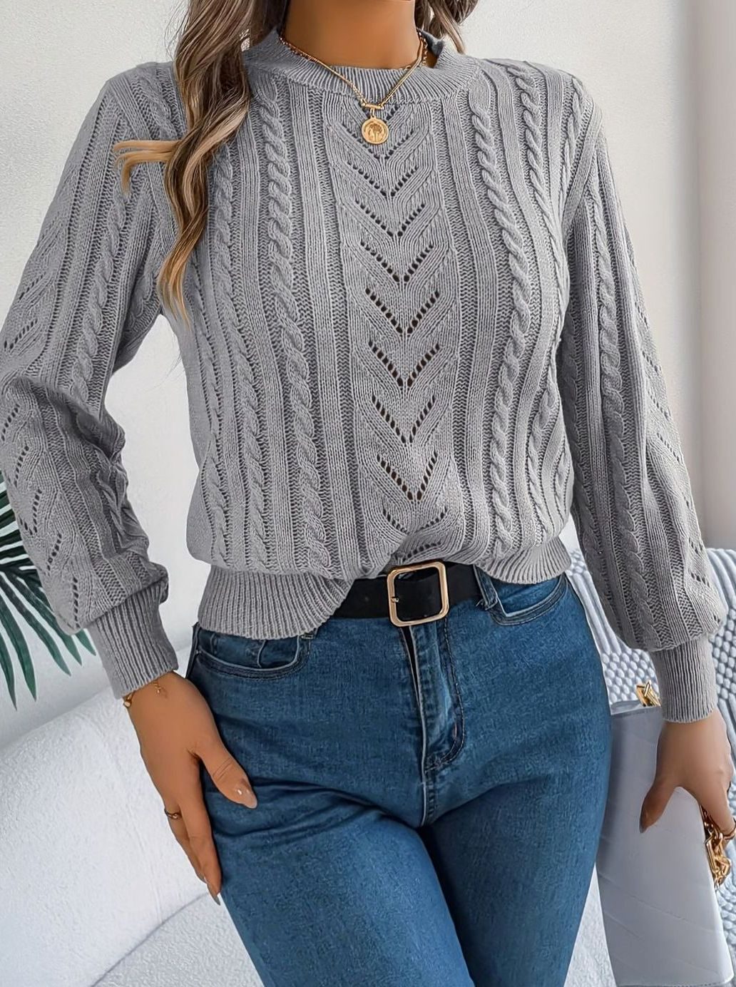 Women's Cable-Knit Openwork Crew-Neck Pullover Sweater