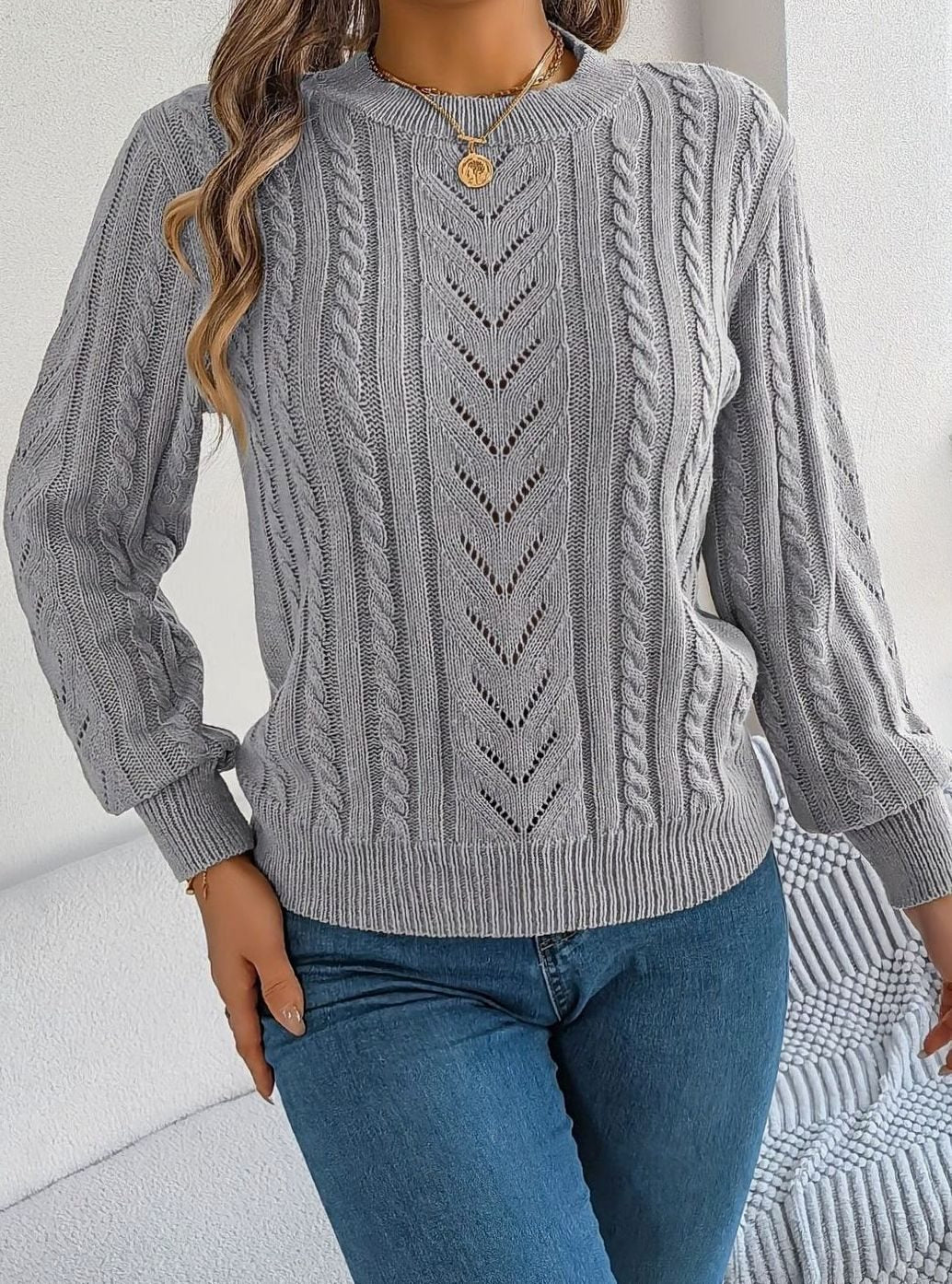 Women's Cable-Knit Openwork Crew-Neck Pullover Sweater