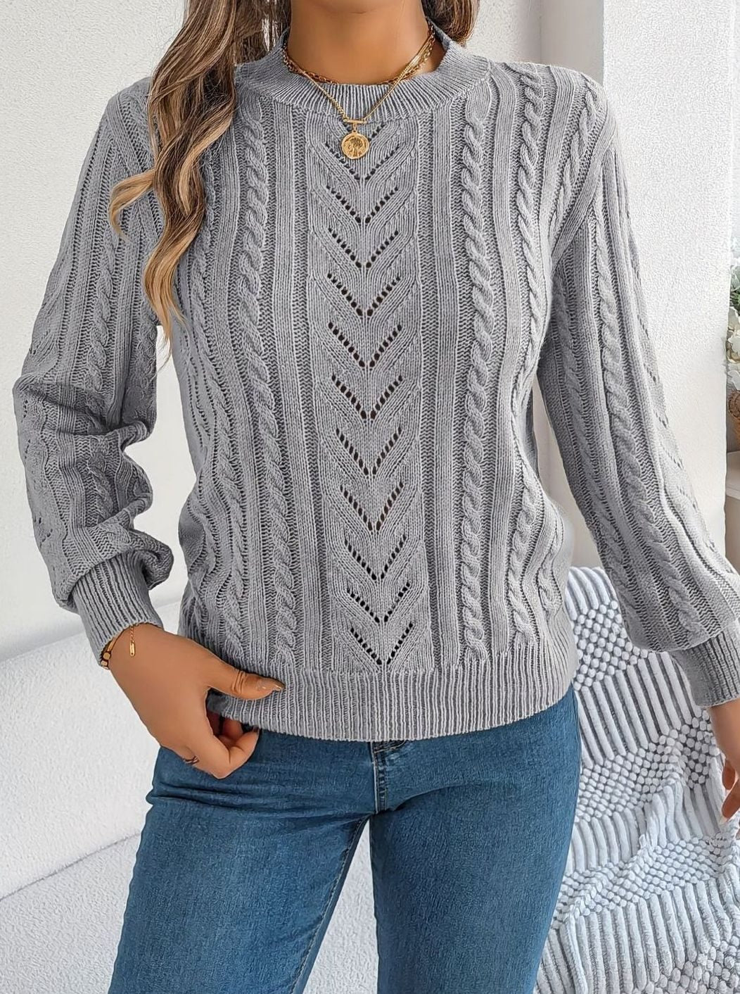 Women's Cable-Knit Openwork Crew-Neck Pullover Sweater