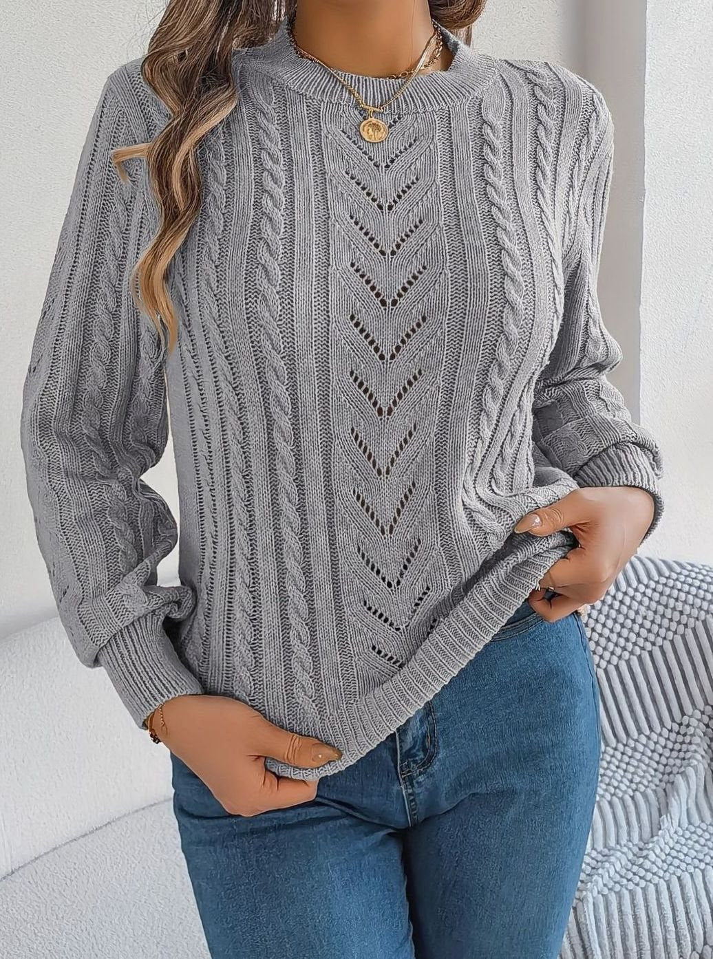Women's Cable-Knit Openwork Crew-Neck Pullover Sweater