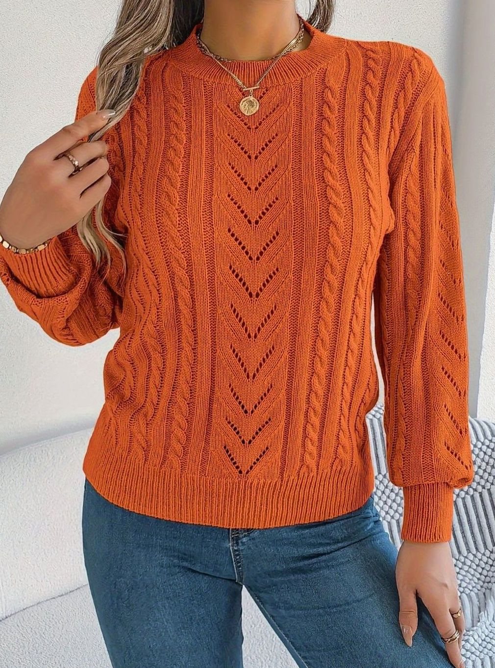 Women's Cable-Knit Openwork Crew-Neck Pullover Sweater