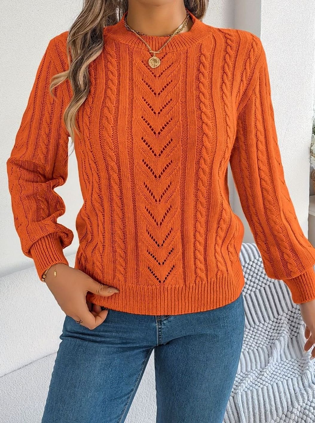 Women's Cable-Knit Openwork Crew-Neck Pullover Sweater