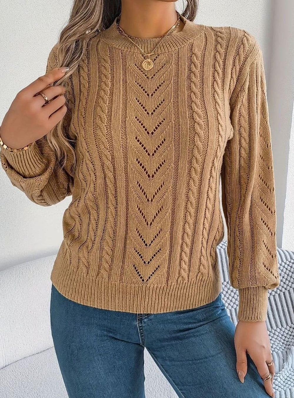 Women's Cable-Knit Openwork Crew-Neck Pullover Sweater