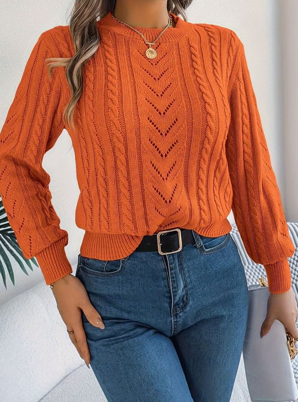 Women's Cable-Knit Openwork Crew-Neck Pullover Sweater