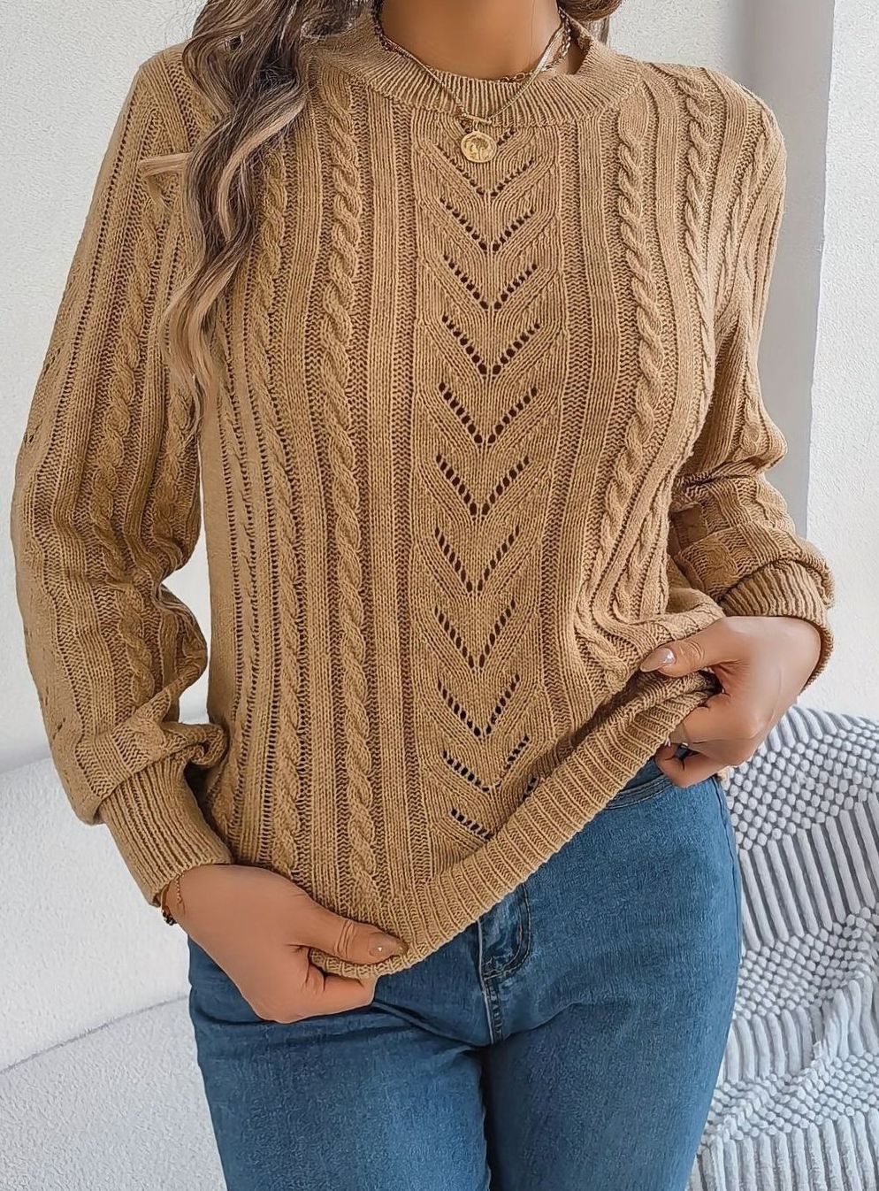 Women's Cable-Knit Openwork Crew-Neck Pullover Sweater