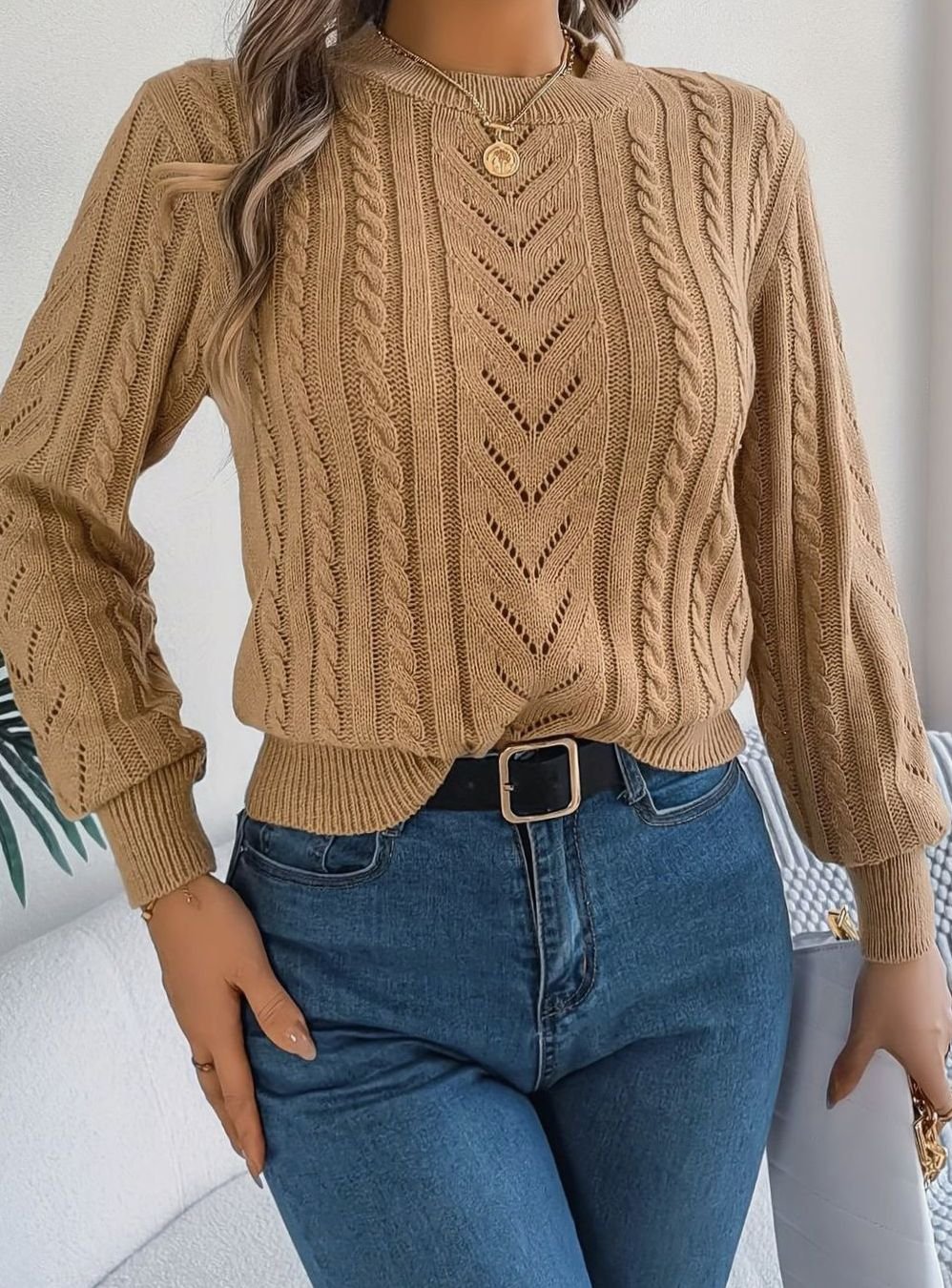 Women's Cable-Knit Openwork Crew-Neck Pullover Sweater