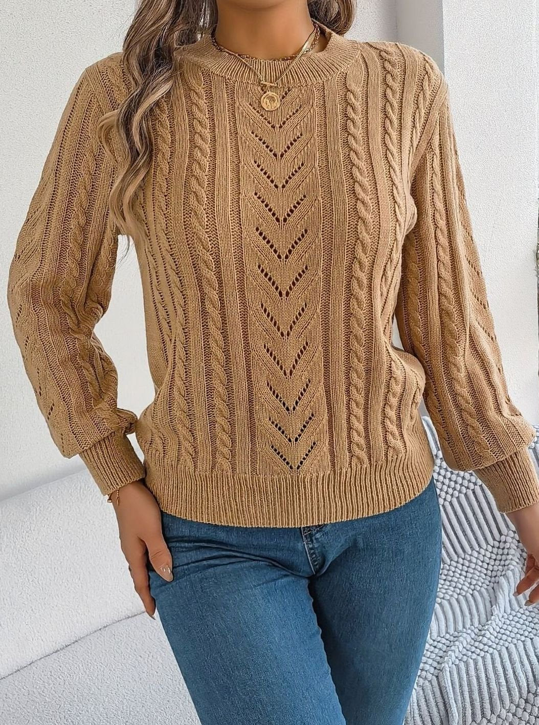 Women's Cable-Knit Openwork Crew-Neck Pullover Sweater