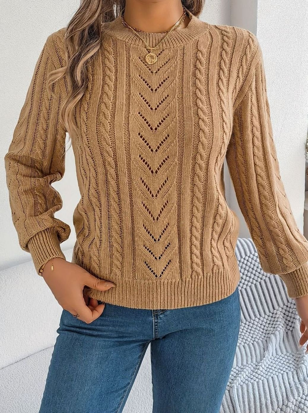 Women's Cable-Knit Openwork Crew-Neck Pullover Sweater