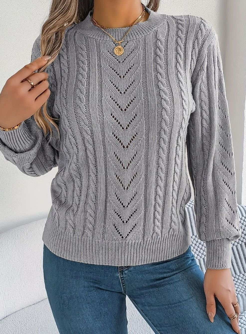 Women's Cable-Knit Openwork Crew-Neck Pullover Sweater