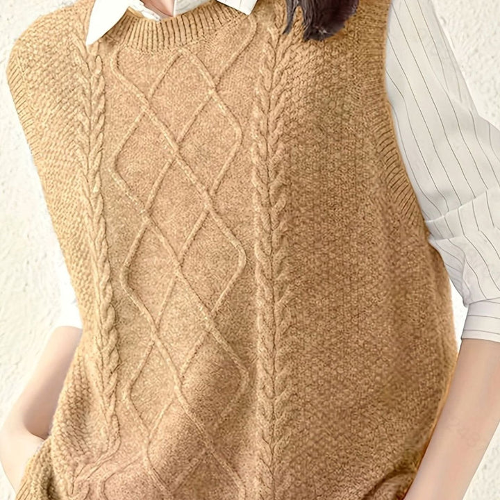 Women's Cable-Knit Sleeveless Sweater Vest Round Neck - Tan