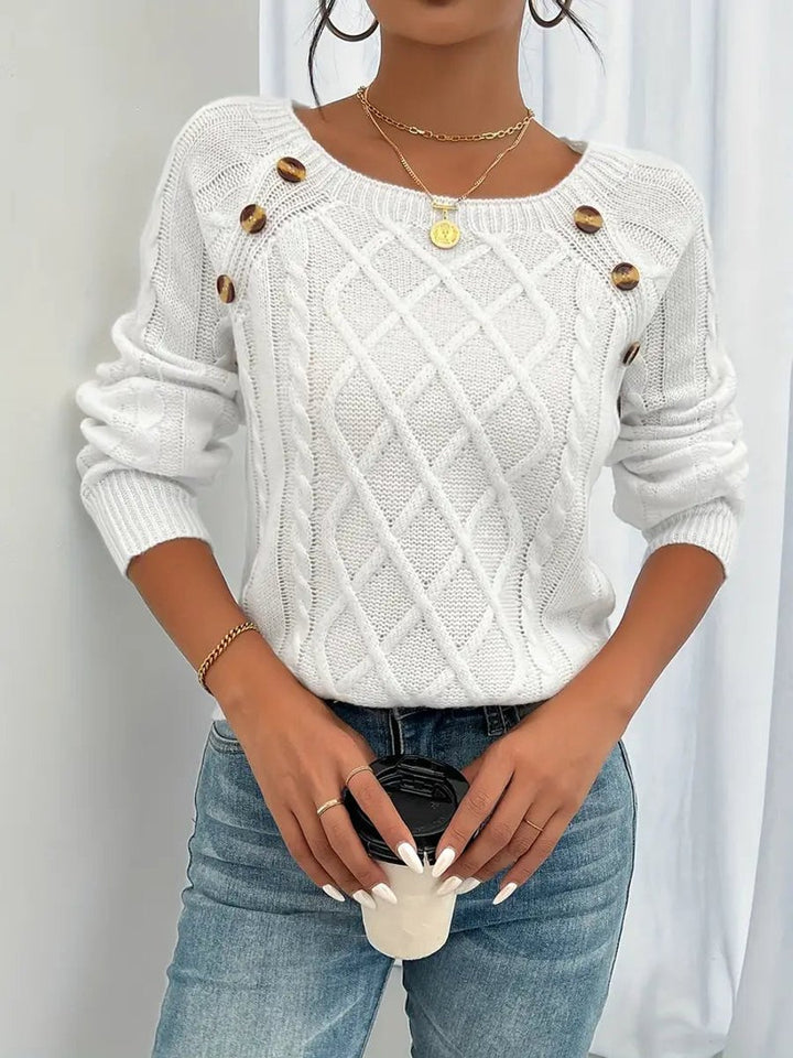 Women's Cable Knit Sweater Raglan Sleeve Button Detail Pullover - White