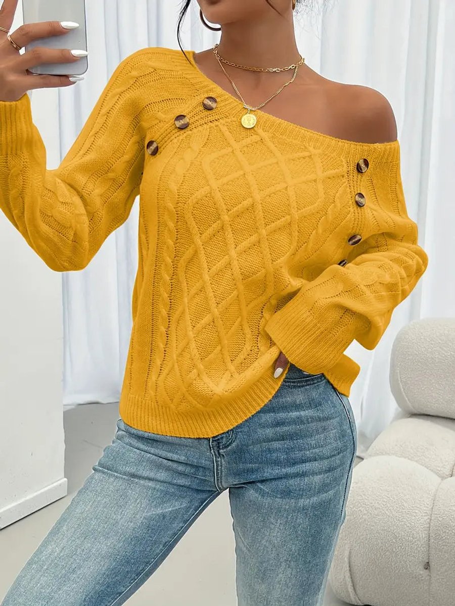 Women's Cable Knit Sweater Raglan Sleeve Button Detail Pullover