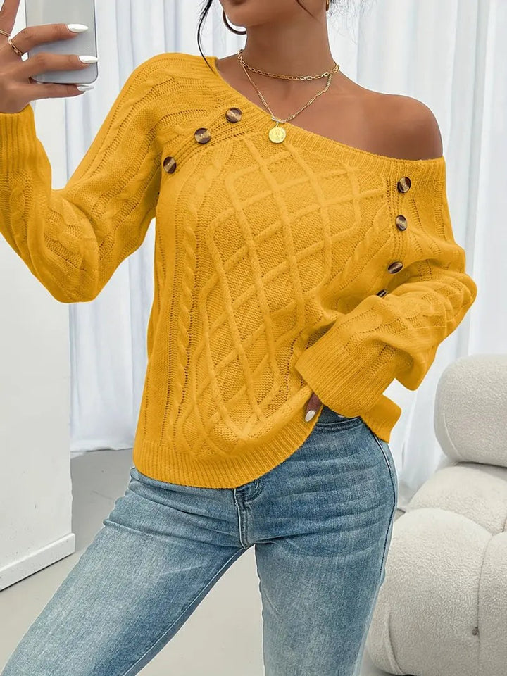 Women's Cable Knit Sweater Raglan Sleeve Button Detail Pullover