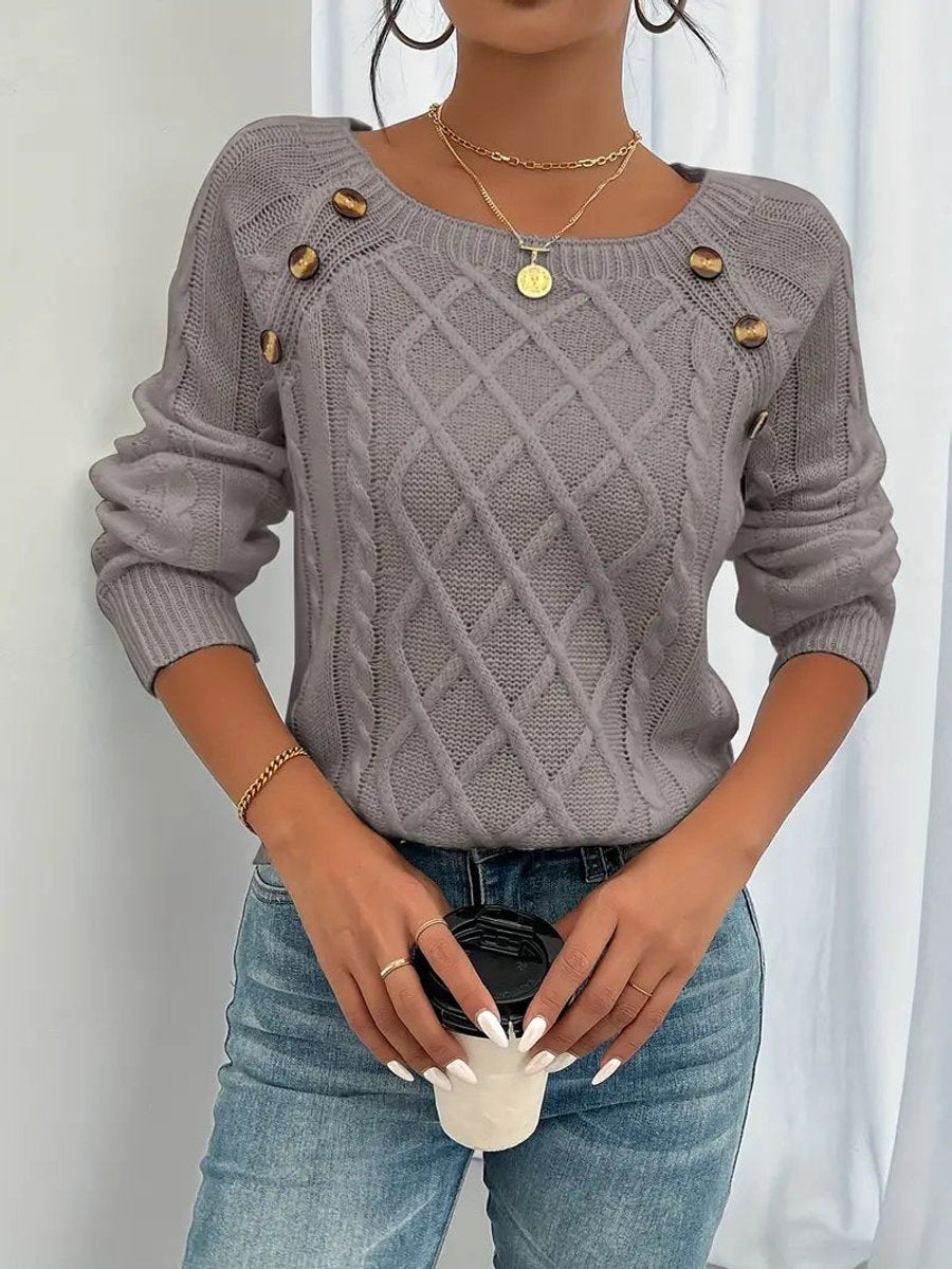 Women's Cable Knit Sweater Raglan Sleeve Button Detail Pullover - Dusty Pink Brown