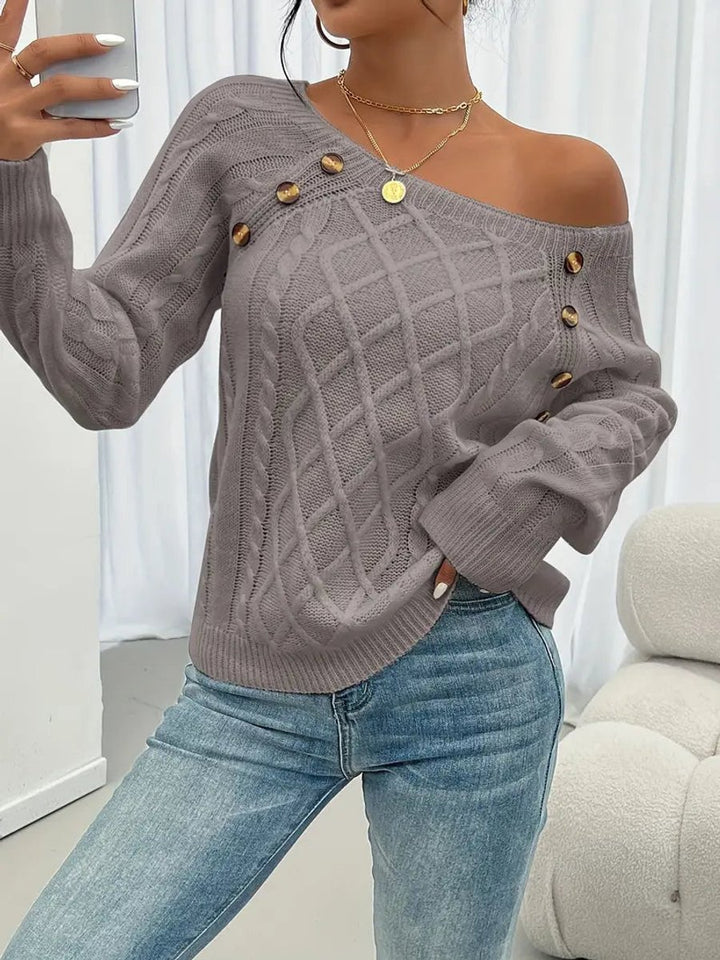 Women's Cable Knit Sweater Raglan Sleeve Button Detail Pullover