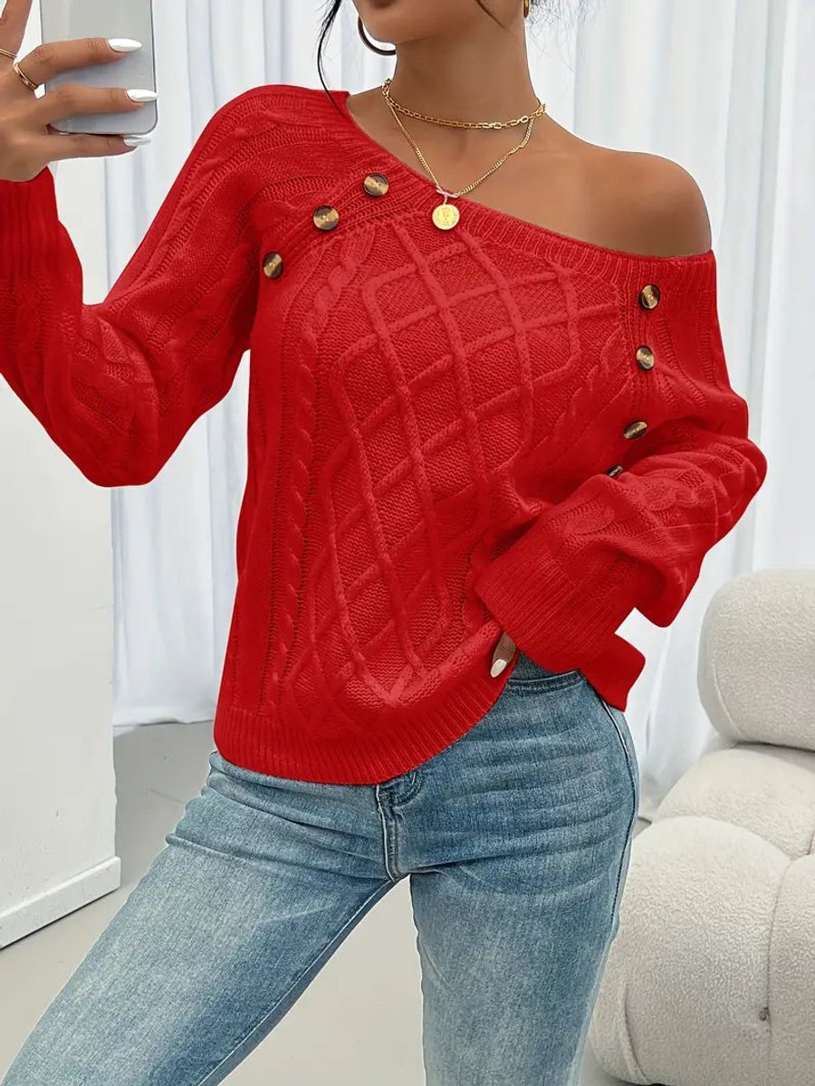 Women's Cable Knit Sweater Raglan Sleeve Button Detail Pullover