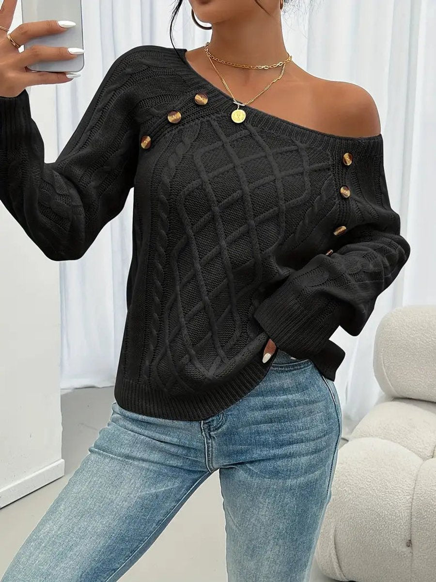 Women's Cable Knit Sweater Raglan Sleeve Button Detail Pullover