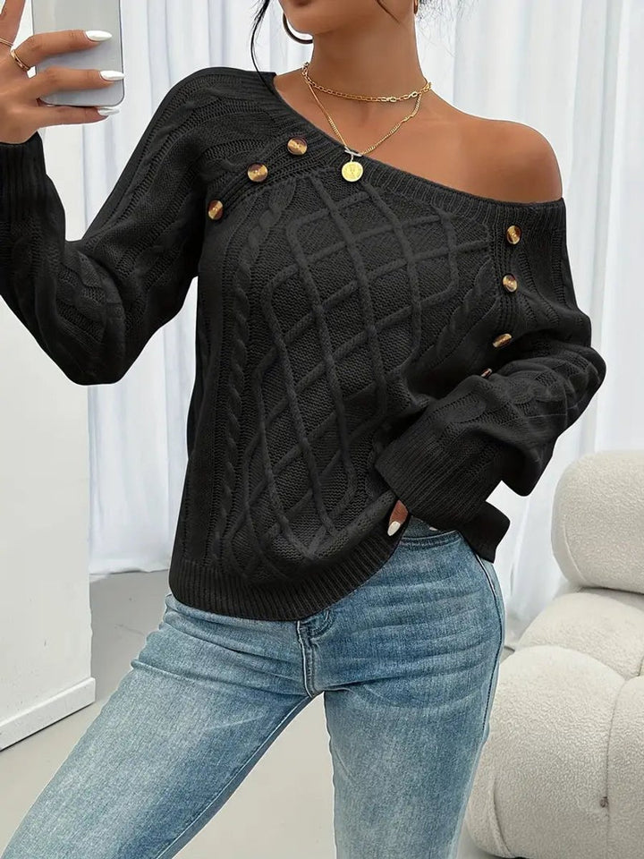 Women's Cable Knit Sweater Raglan Sleeve Button Detail Pullover