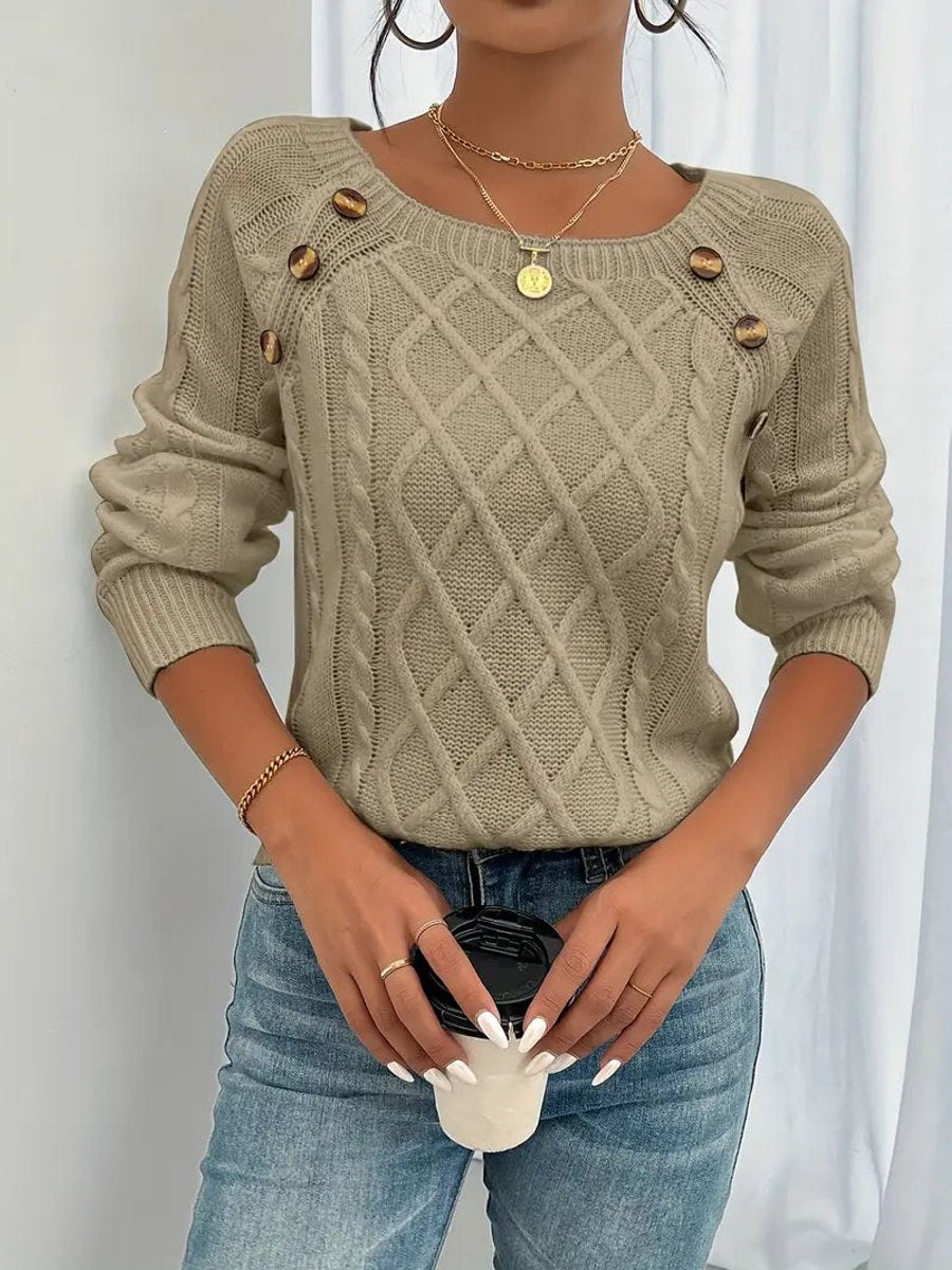 Women's Cable Knit Sweater Raglan Sleeve Button Detail Pullover - Khaki