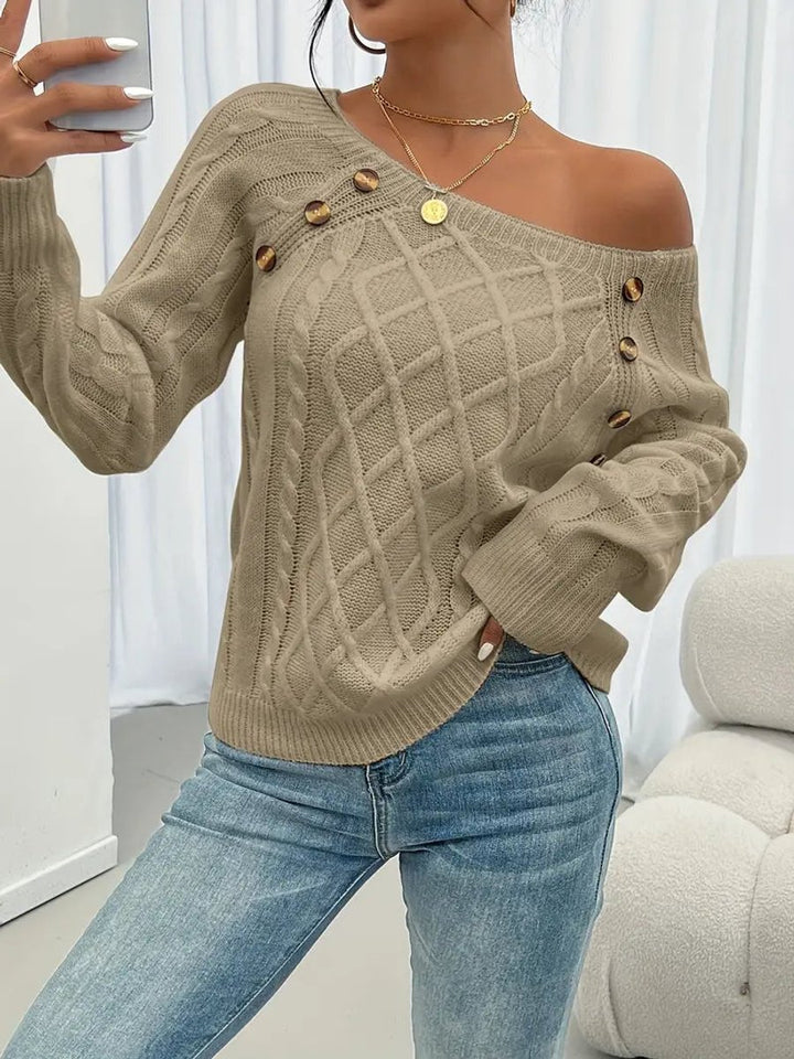 Women's Cable Knit Sweater Raglan Sleeve Button Detail Pullover