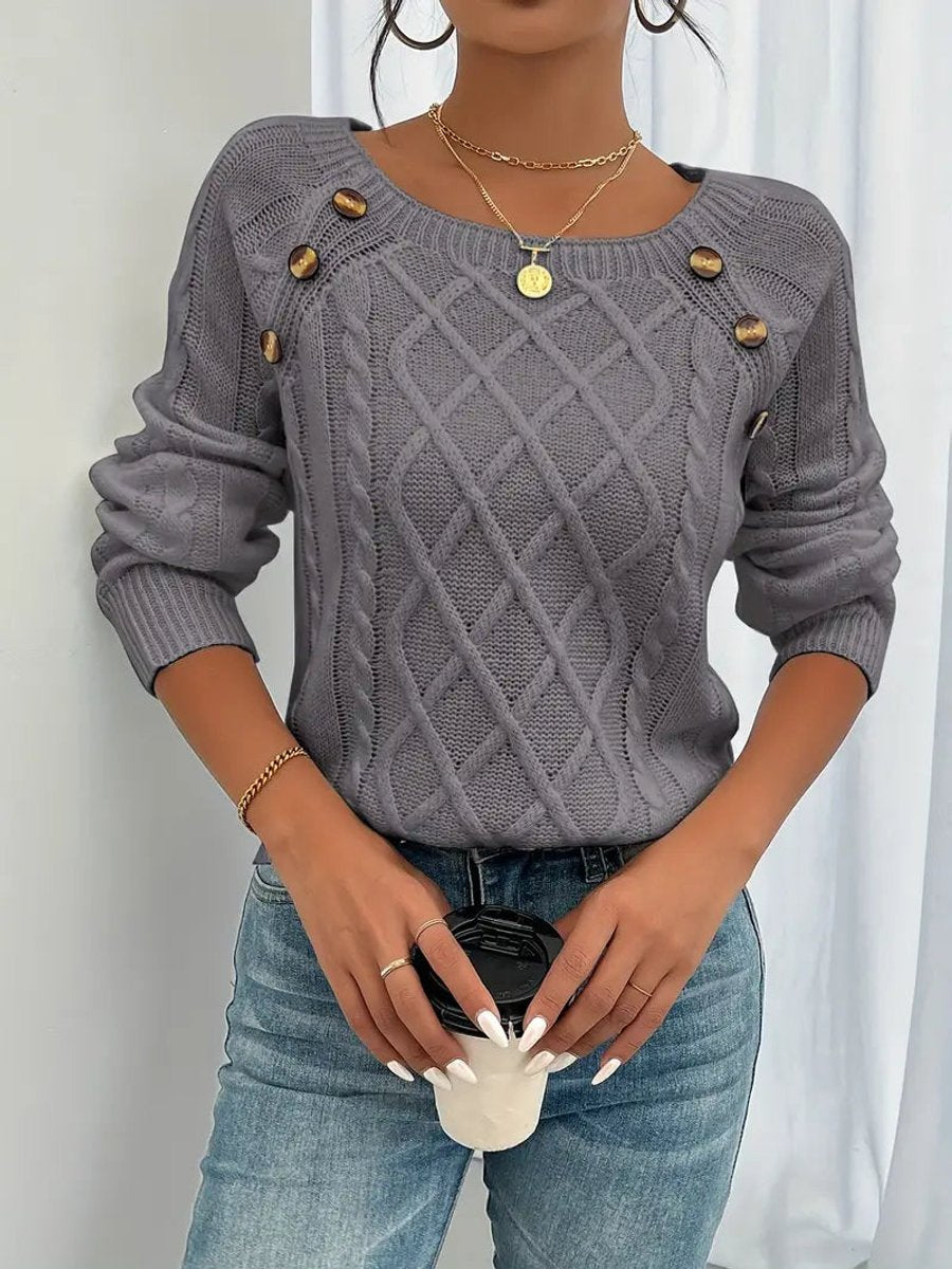Women's Cable Knit Sweater Raglan Sleeve Button Detail Pullover - Dark Gray