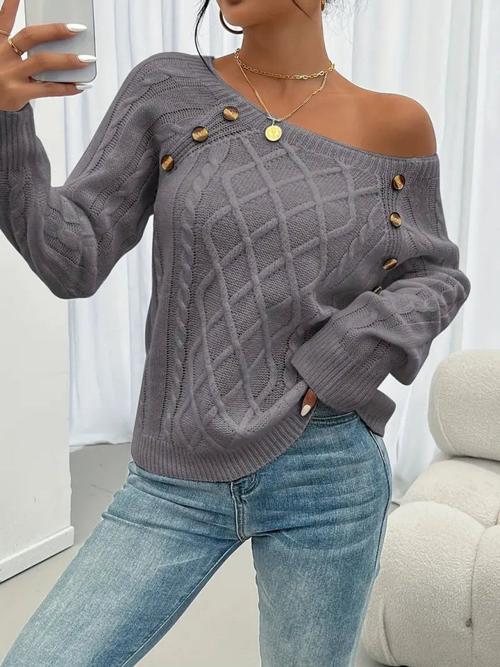 Women's Cable Knit Sweater Raglan Sleeve Button Detail Pullover