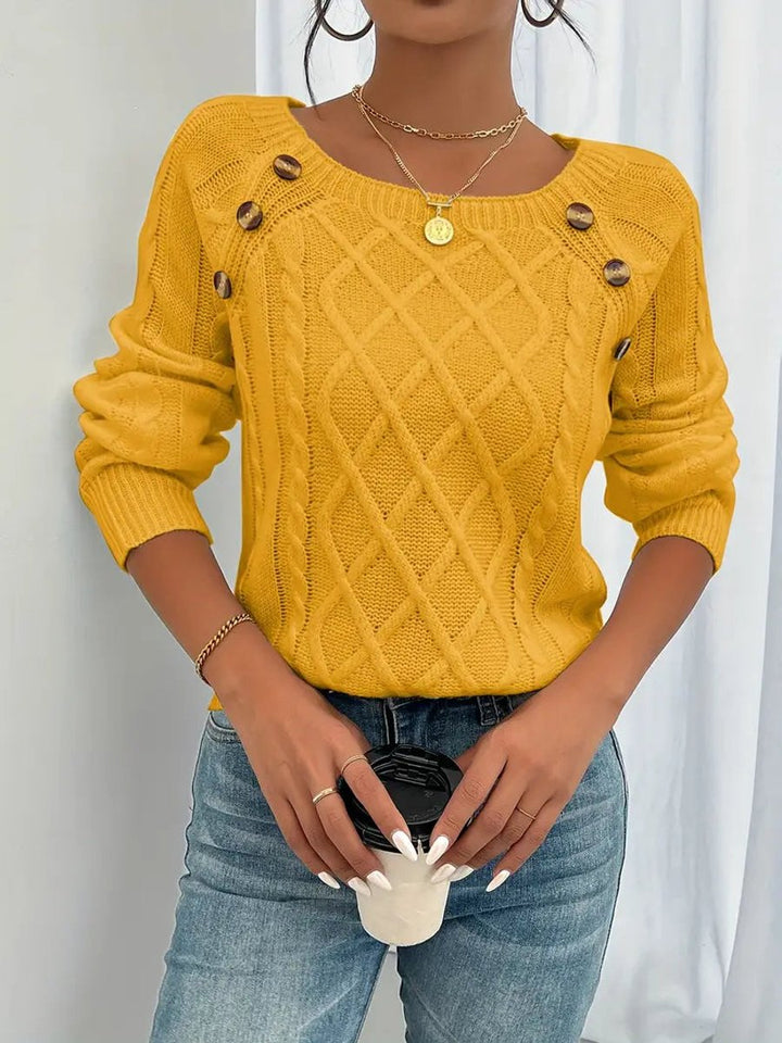 Women's Cable Knit Sweater Raglan Sleeve Button Detail Pullover - Golden