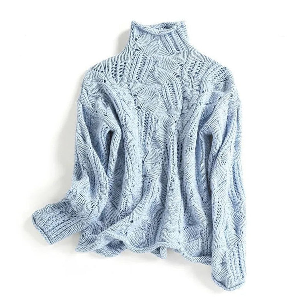 Women's Cable Knit Sweater Turtleneck Loose Fit Pullover - Blue