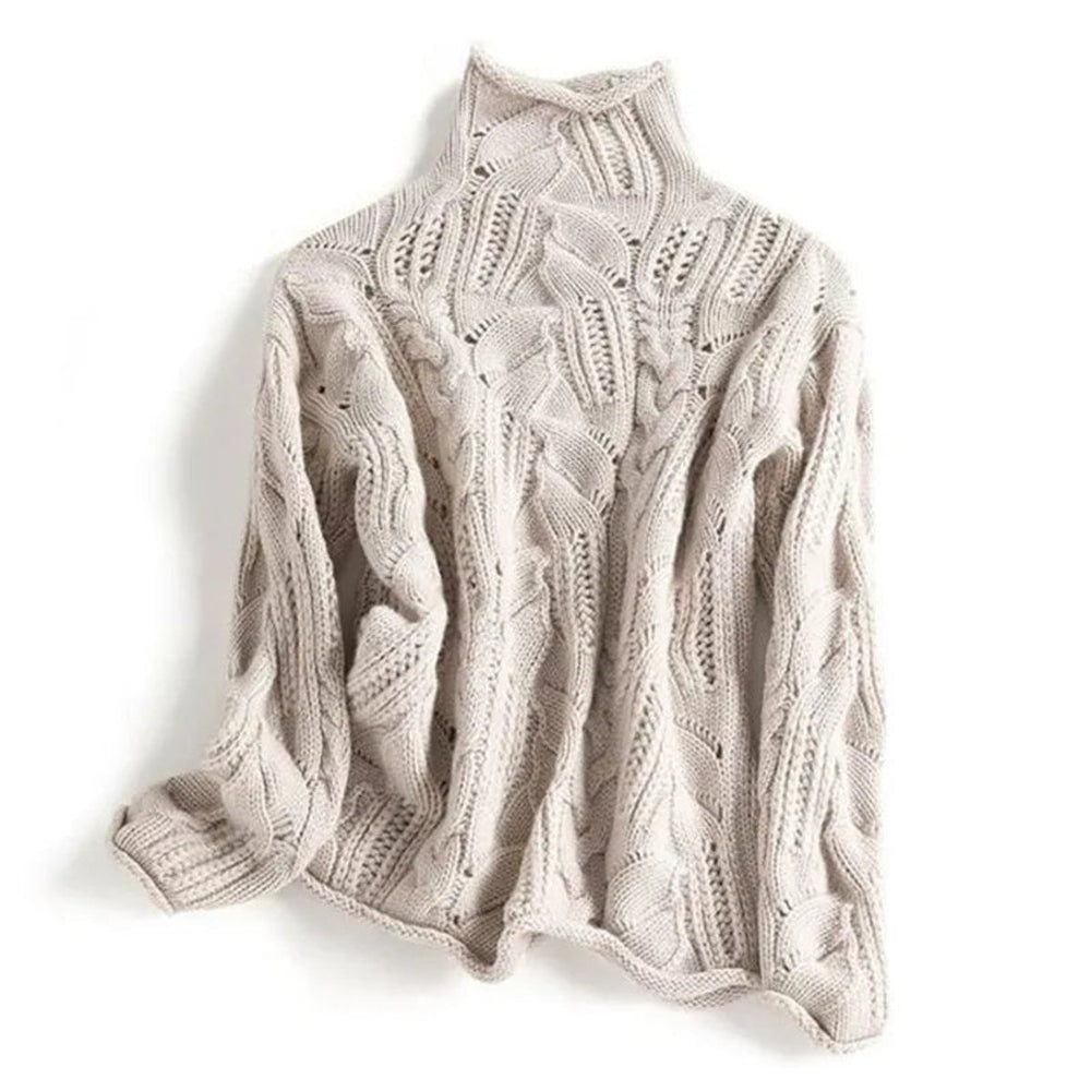 Women's Cable Knit Sweater Turtleneck Loose Fit Pullover - Beige