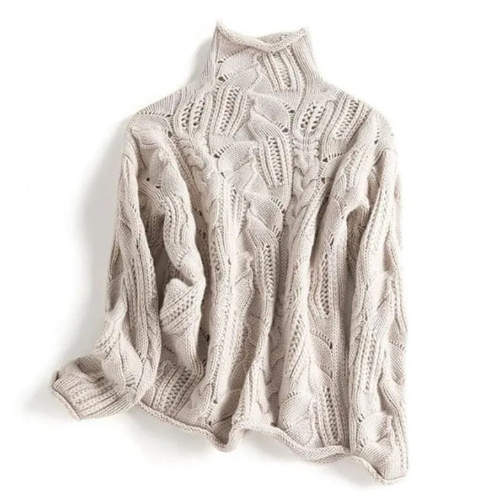 Women's Cable Knit Sweater Turtleneck Loose Fit Pullover - Beige