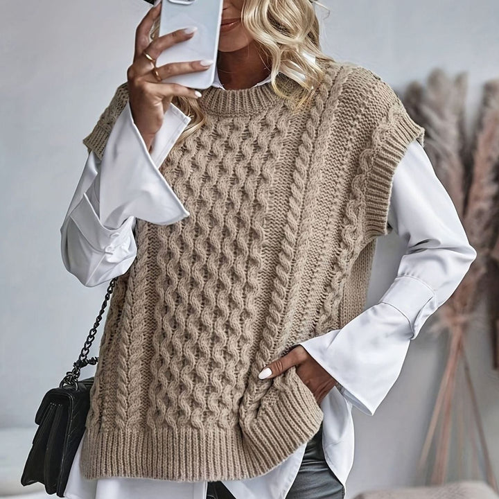 Women's Cable Knit Sweater Vest Relaxed-Fit Pullover - Khaki