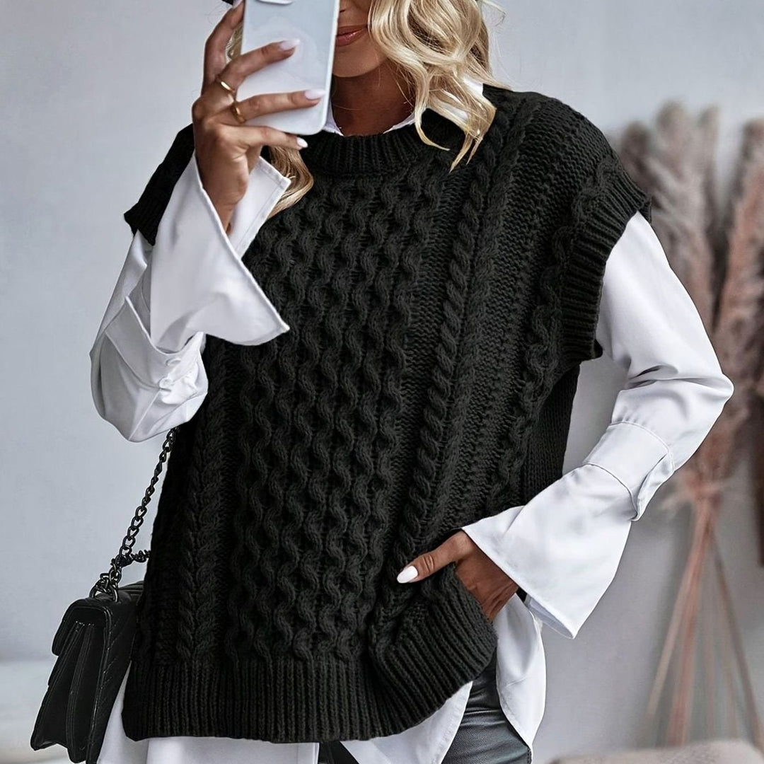 Women's Cable Knit Sweater Vest Relaxed-Fit Pullover - Black