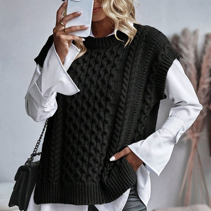 Women's Cable Knit Sweater Vest Relaxed-Fit Pullover - Black