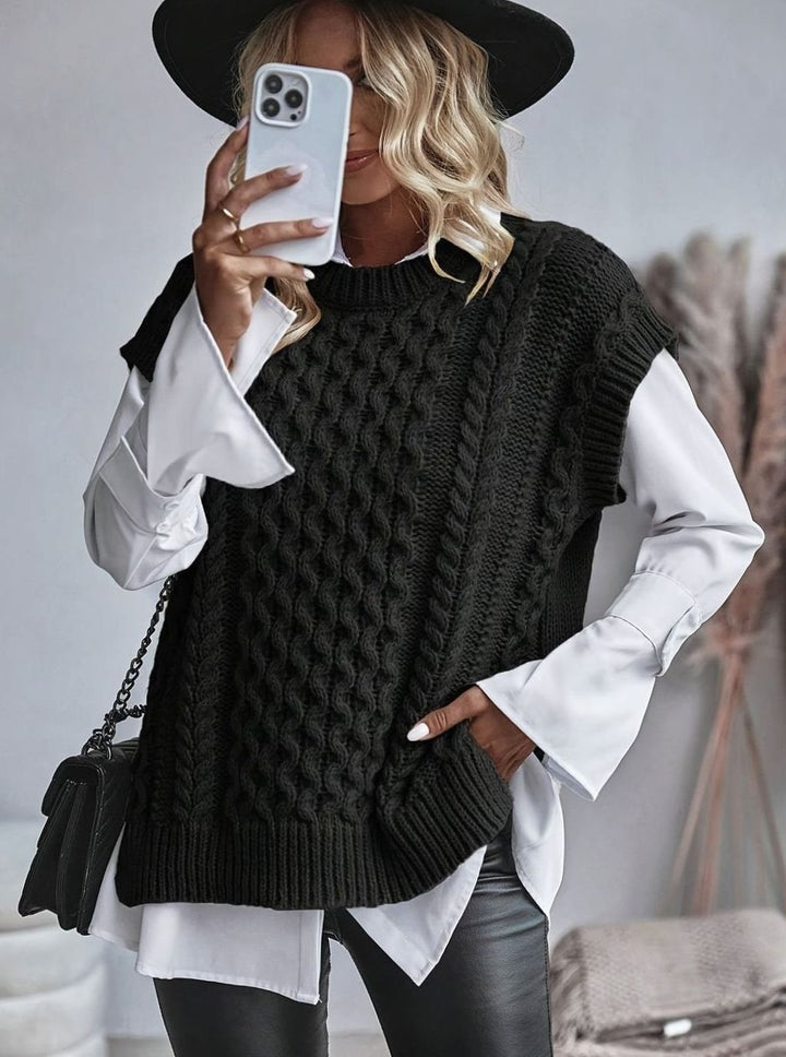 Women's Cable Knit Sweater Vest Relaxed-Fit Pullover
