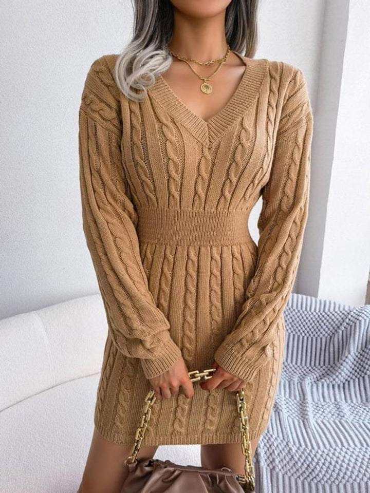 Women's Cable-Knit V-Neck Long Sleeve Formal Dresses Sweater Dress - Khaki