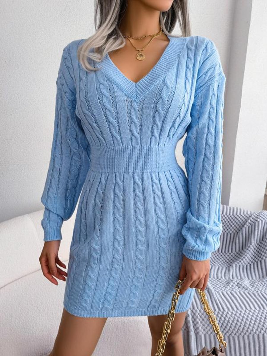 Women's Cable-Knit V-Neck Long Sleeve Formal Dresses Sweater Dress - Blue