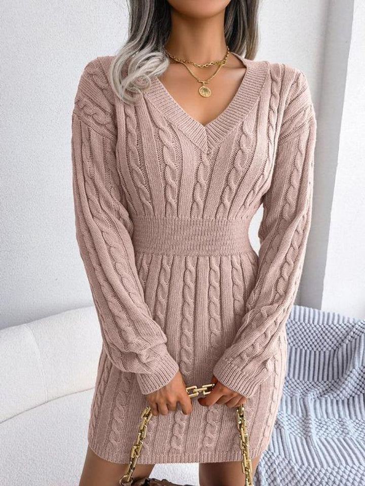 Women's Cable-Knit V-Neck Long Sleeve Formal Dresses Sweater Dress - Pink